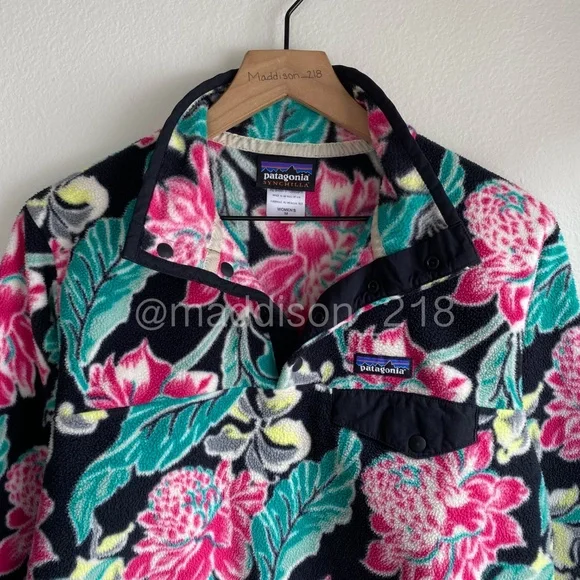 Patagonia Manoa Black Synchilla Fleece Medium Pullover Fleece Black Green Pink M - Picture 10 of 10